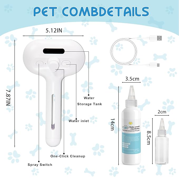 Pet Steam Brush for Cats & Dogs, Cool Mist Self-Cleaning Comb, White | Cool mist pet brush with self-cleaning hair release, stainless steel bristles and 120ML grooming essence for cats and dogs