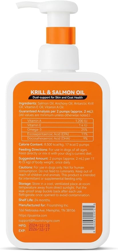 PUAINTA Omega 3 Fish Oil for Dogs & Cats, Salmon & Krill Oil with EPA DHA