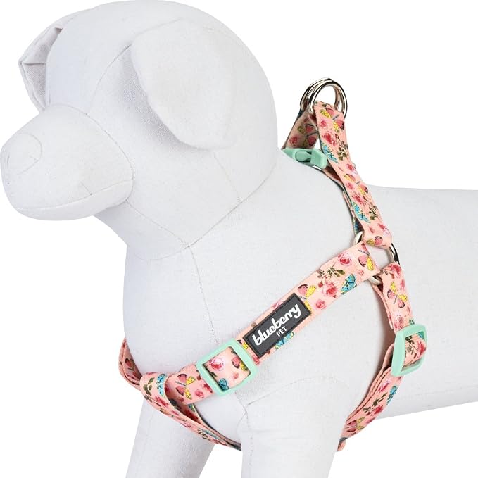 Blueberry Pet 9 Patterns Step-in Spring Scent Inspired Rose and Butterfly Print Pastel Pink Dog Harness, Chest Girth 26" - 39", Large, Adjustable Harnesses for Dogs