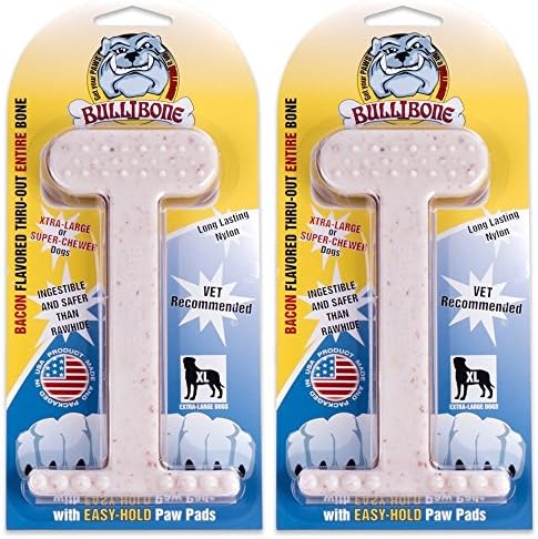 Bullibone Nylon Dog Chew Toy for Aggressive Chewers - Dental Hygiene Bone with Bacon Flavor, Durable Tough Chew Toys for Extra Large Dogs, Indestructible Dog Bone - 2 Pack