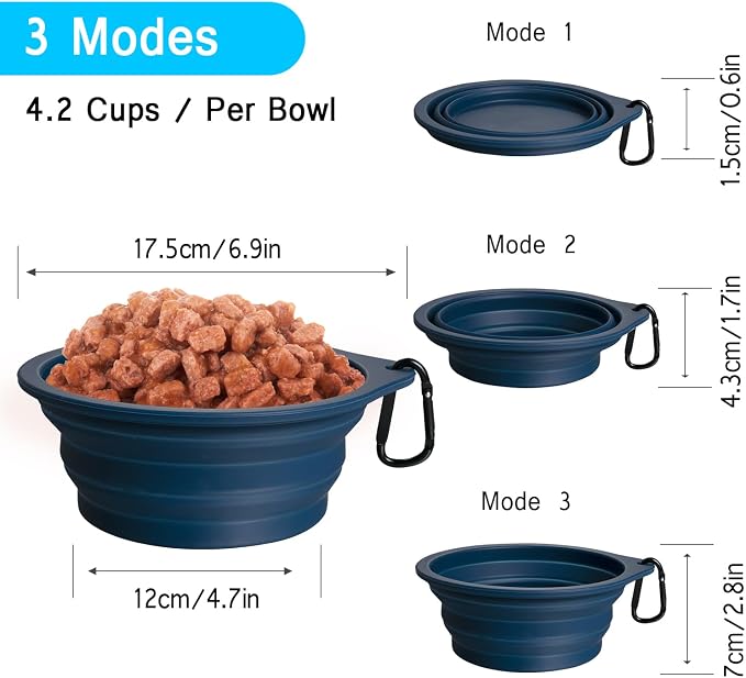 PetBonus Large Collapsible Dog Bowls, 2 Pack, 34oz, Army Green, Navy Blue