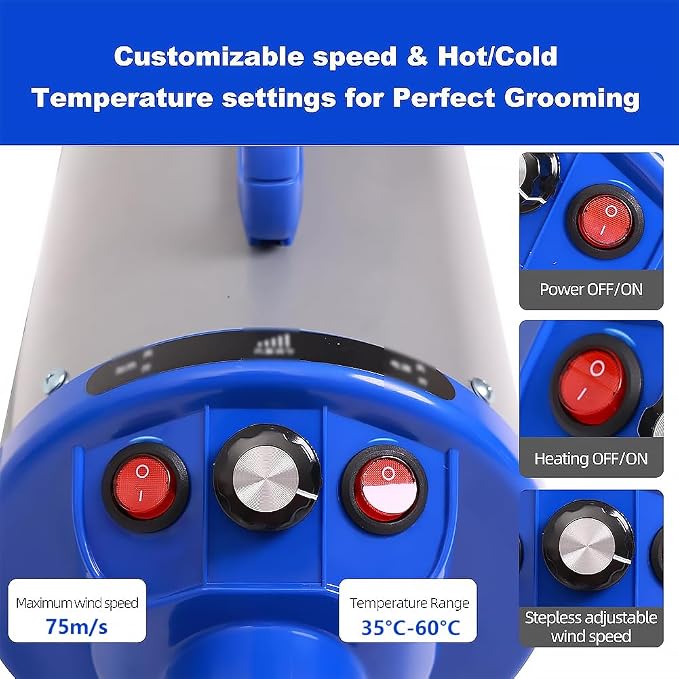 2800w 75m/s Pet Dryer Stepless Adjustable Speed Temperature Dogs Grooming Blow Dryer with Heater for Pets Hair Dryer