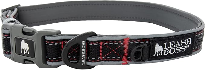 Leash Boss Adjustable Reflective Dog Collar, Quick-Release Buckle and Reflective Piping and Threads for Small, Medium and Large Dogs (Large - Black 16.5-25" Neck x 1" Wide)