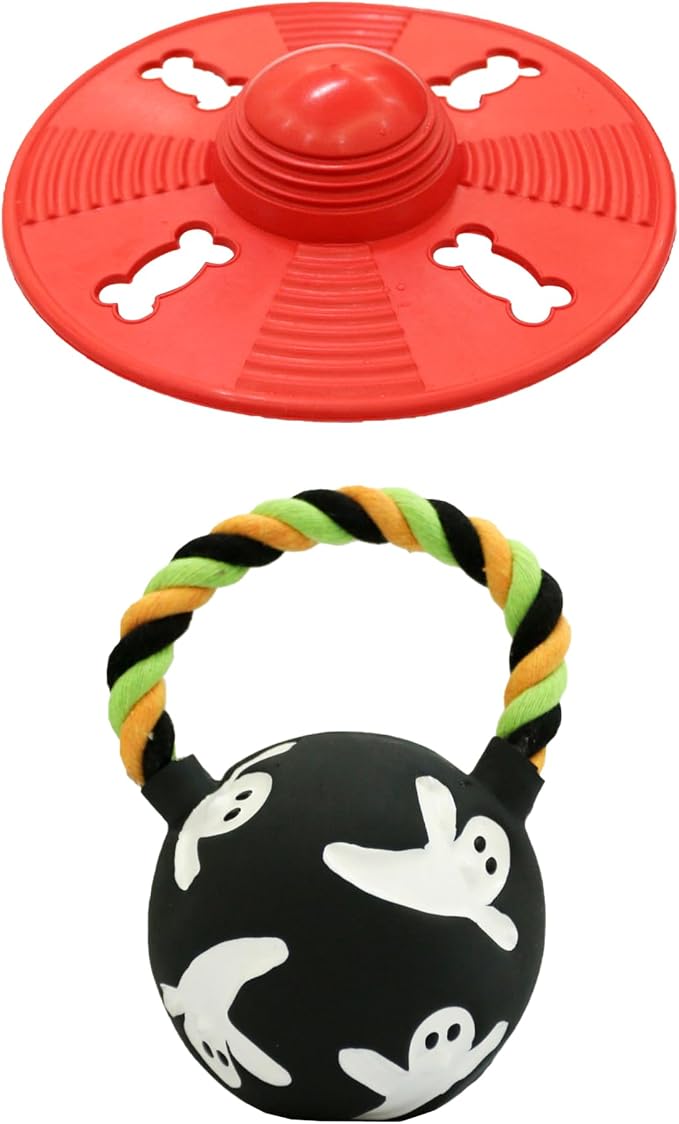 Squeaky Natural Rubber Dog Flying Disc/Frisbee/Flyer with Black Ball Gift | Water-float Natural Rubber Dog Frisbee for Outdoor, Spaceship Shaped 6.5'' Squeaky Interactive Fetch Toy for Anxiety Relief