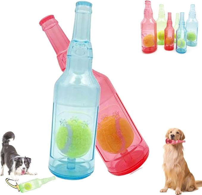LELEBEAR Dogs Play Bottle Toy, Interactive Dog Chew Toy with Tennis Ball, Dog Toys Water Bottle Cruncher (Blue+Red, Large: 9.64 * 2.95in)