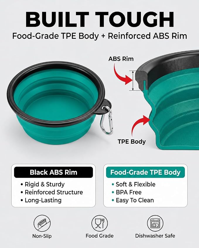 Collapsible Dog Bowls, 2 Pack, with Carabiners, Green & Blue, Medium