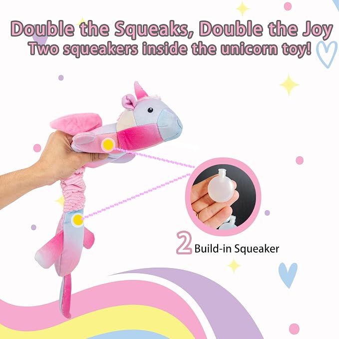 lilfrd Pink Unicorn Squeaky Dog Toy, Crinkle Plush Tug Toy for Dogs | Tug of War & Pull Toys, Energy Release, Fits Small Medium Large Dogs