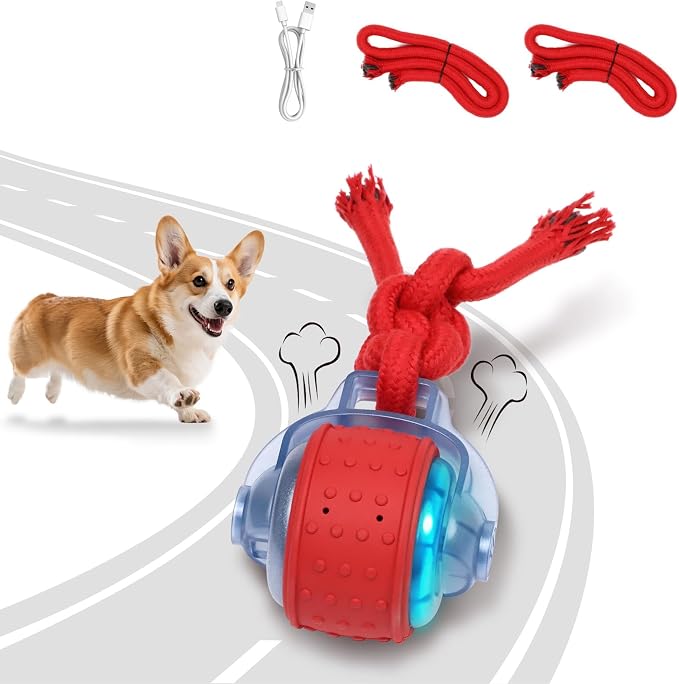 Dog Toys Interactive Rolling Ball with Rope, Motion-Activated | Squeaker dog ball Zig-Zag moving and rolling rechargeable dog ball release pressure dog exercise perfect for small puppies