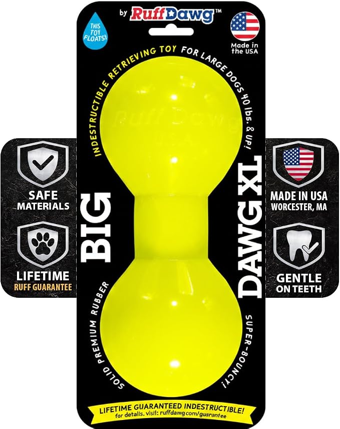 Ruff Dawg Big Dawg Barbell XL Yellow – Heavy-Duty Solid Rubber Dog Chew Toy for Medium to Large Dogs 40 lbs & Up – Floats & Bounces – Made in USA