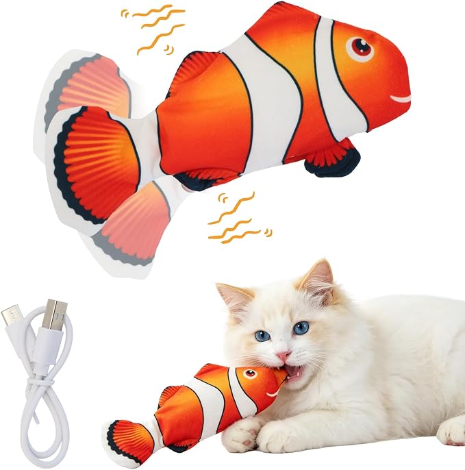 Flopping Fish Cat Toy, Interactive Moving Plush Cat Kicker Toy with Catnip Pocket, USB Rechargeable Automatic Wiggle Clownfish Toy for Indoor Kitten & Small Dogs, Single Clownfish（9.84Inch）