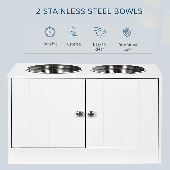 PawHut Large Elevated Dog Bowls with Storage Cabinet Containing Large 44L Capacity, Raised Dog Bowl Stand Pet Food Bowl Pet Feeding Station, White