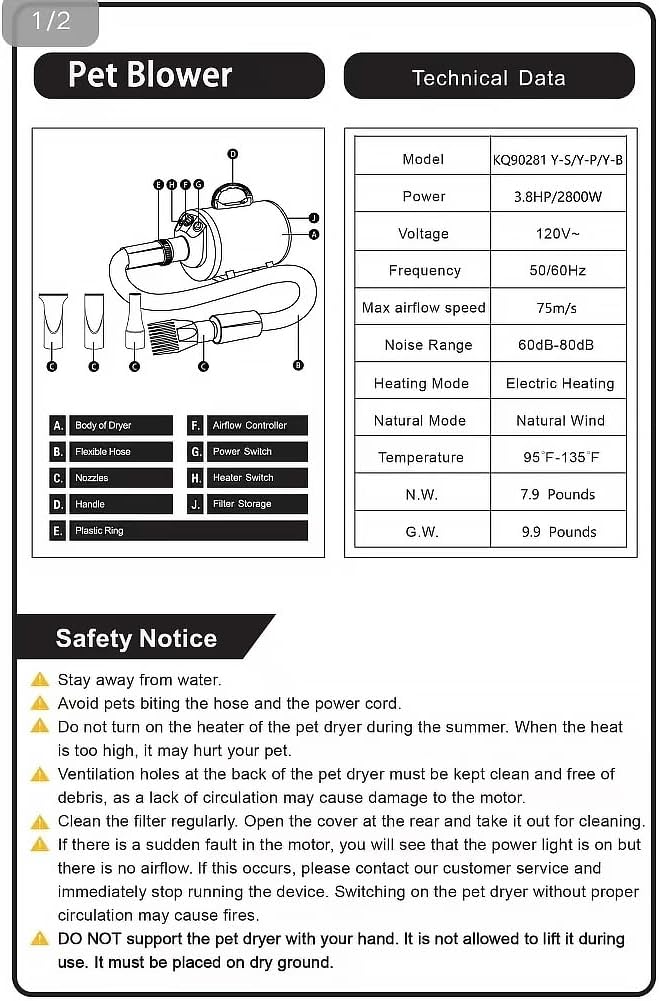 2800w 75m/s Pet Dryer Stepless Adjustable Speed Temperature Dogs Grooming Blow Dryer with Heater for Pets Hair Dryer