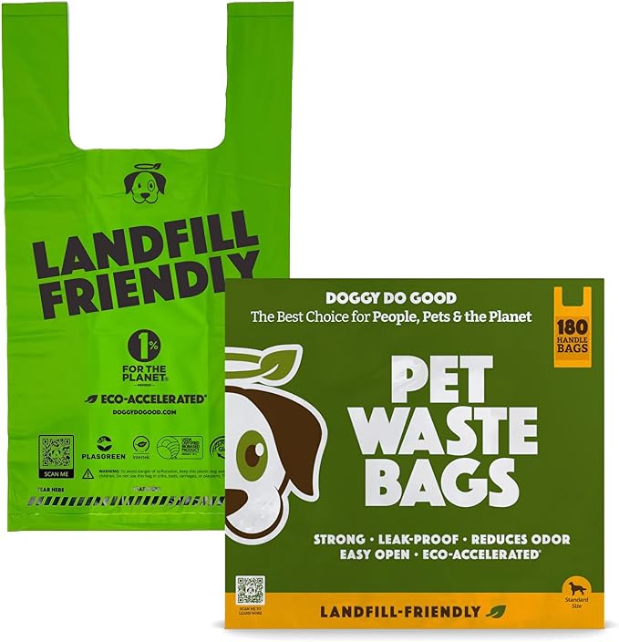 Doggy Do Good - 180 Count, Heavy Duty Poop Bags for Dogs with Handles - Standard Size - Dog Waste Bags Made with 50% Recycled Plastic + 15% Biobased Material - Landfill-Friendly, Unscented, Leak-Proof