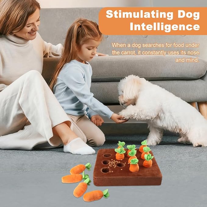Carrot Dog Toys, Carrot Snuffle Mat for Dogs Interactive Dog Plush Puzzle Toys 2 in 1 Fun Nosework Feed Games Pet Stress Relief and Brain Training Foraging Skill with 12 Carrots (Orange)