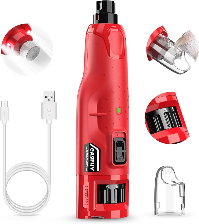 Casfuy 6-Speed Dog Nail Grinder with 2 LED Lights - Red