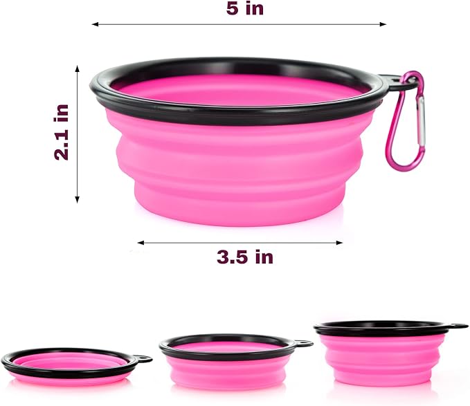 Dog Bowl Collapsible, 2 Pack, with Carabiners, Small, Black & Pink
