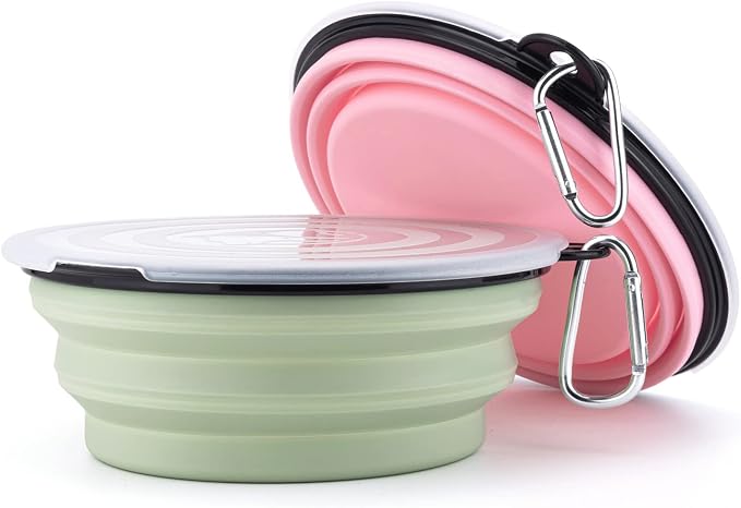 SLSON Dog Bowls Collapsible with Cover Lids, 2 Pack, Fairy Pink and Sprout Green, Large