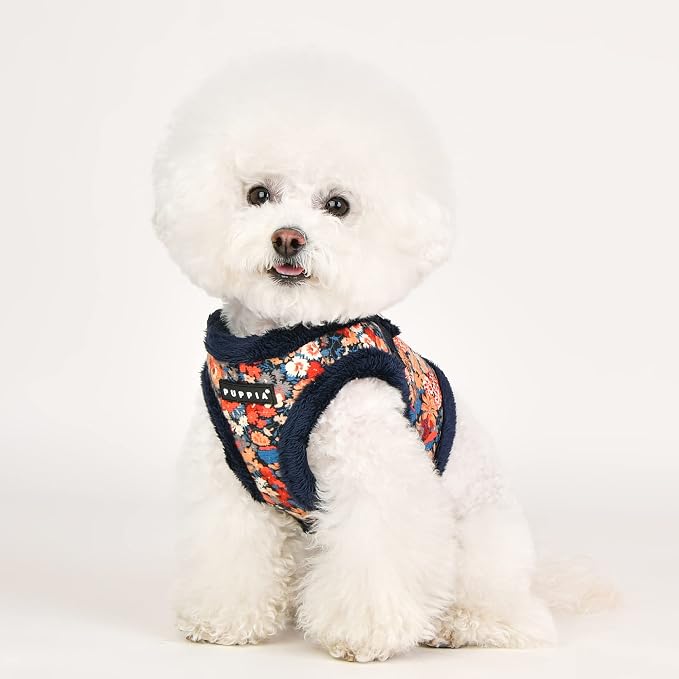 Puppia Gianni Vest Dog Harness Step-in Warm Winter Flower Pattern for Small and Medium Dog, Navy, Small