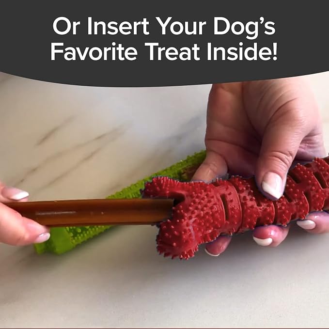 BulbHead Bonanza Bone Toothbrush, Infused with Real Bacon Flavor – Dogs Brush Chewing, Plaque and Tartar Remover for Teeth, Works 3 Ways to Clean While They Play, 8 in. x 2 in, Red