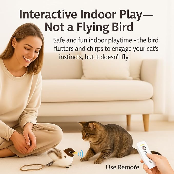 Flying Bird Cat Toy – Remote Control, Flapping Wings & Chirping Sound (Not Flying), USB Rechargeable Motion Toy for Indoor Cats