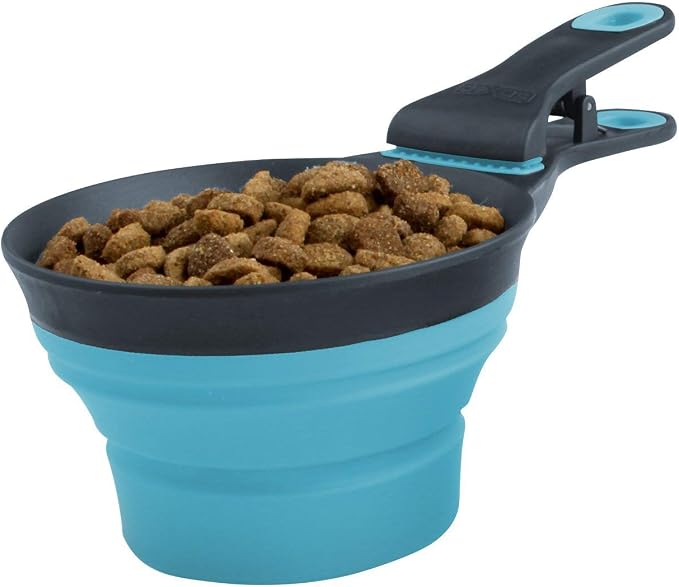 Dexas Popware for Pets Collapsible Klip Scoop, 3 in 1 Design Convenient Measuring Cup, Food Scooper and Bag Clip, 2Cup Capacity Pet Food Scoop, Versatile Food Measuring Cups Portion Control Gray/Blue