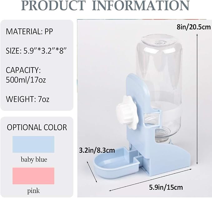 kathson Rabbit Water Bottle, 17oz Hanging Water Fountain Automatic Dispenser No Leak WaterFeeder for Bunny Chinchilla Guinea Pig Hedgehog Ferret, Blue