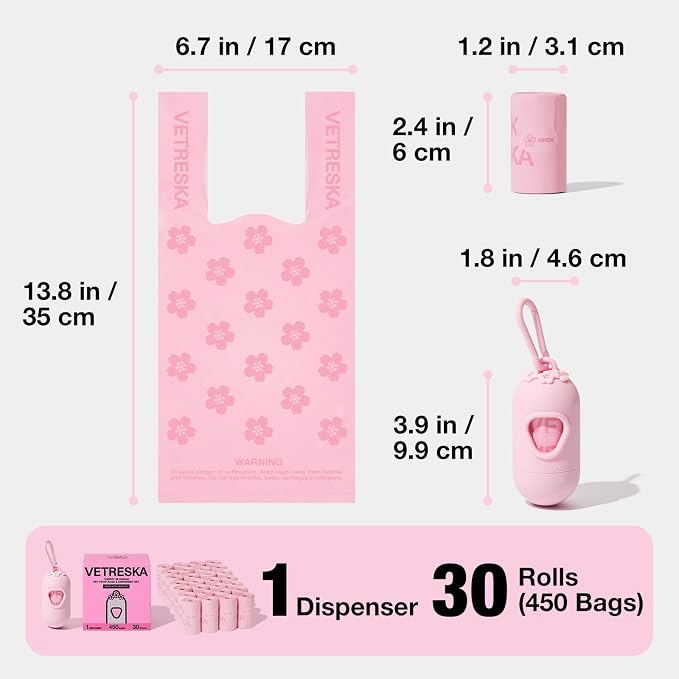 VETRESKA Dog Poop Bags with Handles 450 Count, Floral Scented Waste Bags, Leak-Proof Thick Dog Bags for Poop, Easy-Tie Large Poop Bags, 30 Refill Rolls with 1 Dispenser for Dog Walking Cat Litter