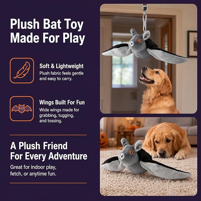 Flying Bat Dog Toy, Flapping Bat Dog Toy with Chirping Sounds, Interactive Rechargeable Flap Bat Toy for Dogs Cats, Hanging & Wand Play, 3PCS