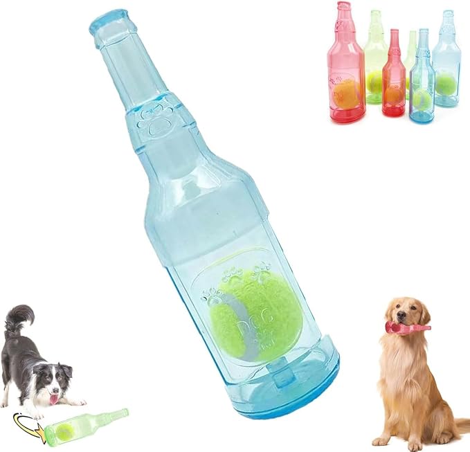LELEBEAR Dogs Play Bottle Toy, Interactive Dog Chew Toy with Tennis Ball, Dog Toys Water Bottle Cruncher (Blue, Large: 9.64 * 2.95in)
