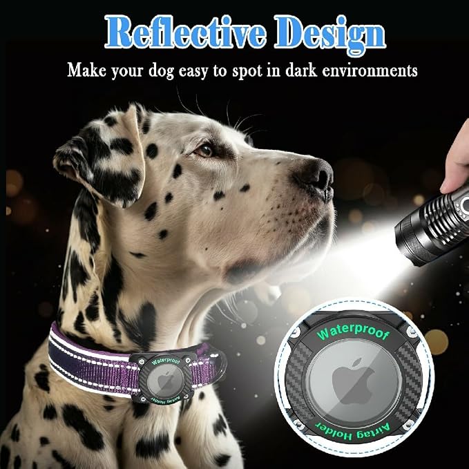 Upgrade Dog Collar with AirTag Holder, IP68 Waterproof, Purple, XL | 1000D Nylon, Reflective Stitching for Night Visibility, Adjustable Soft Padded, Ultra-Durable, for Small Medium Large Dogs