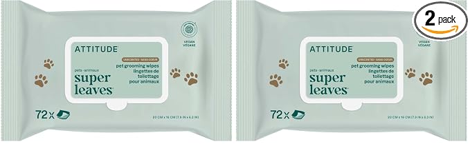 ATTITUDE Pet Grooming Wipes, Unscented, 72 Count (Pack of 2)