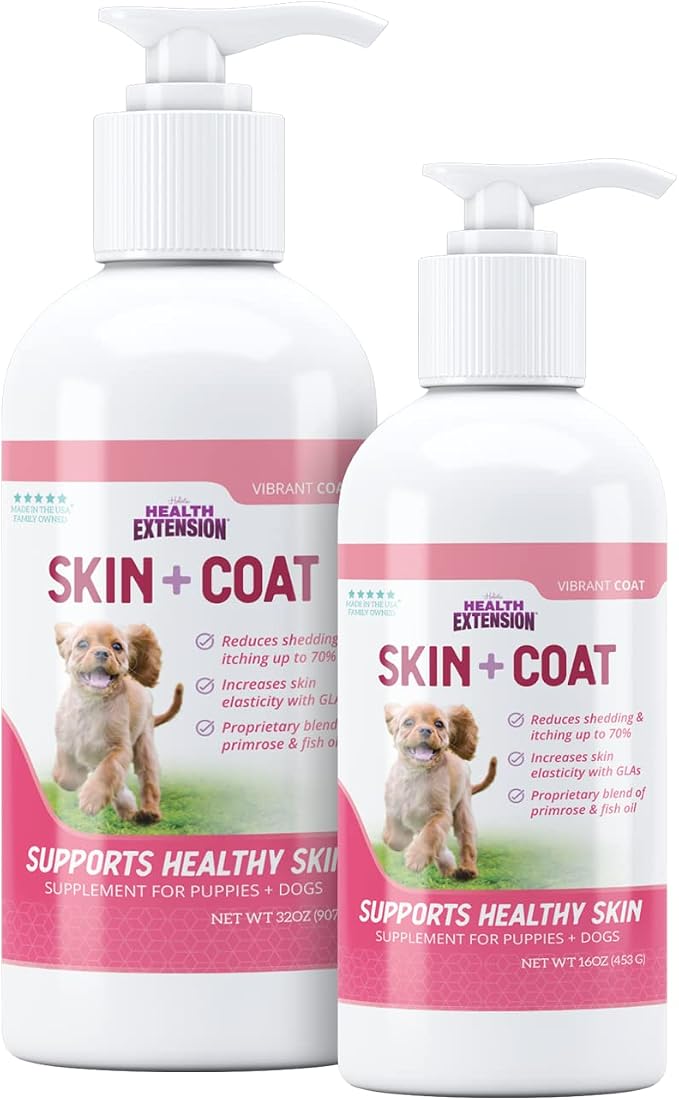 Health Extension Skin & Coat Supplement for Dogs & Puppies, 16oz - Omega 3 & 6 Rich Formula for Healthy Skin & Shiny Coat, Reduces Shedding & Itching