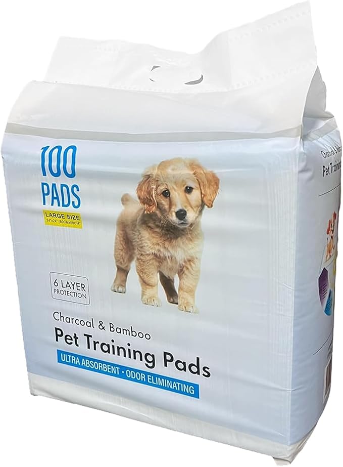 Epsilon Activated Charcoal Bamboo Odor Control Puppy Pads – 100 Count, Large Disposable Pee Pads w/ Super Quick Absorbent & 6-Layer Leak-Proof for Puppies & Cats - 24 x 24