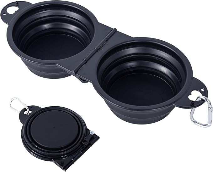 SLSON Collapsible Dog Dual Bowls with Lock Clips, Black
