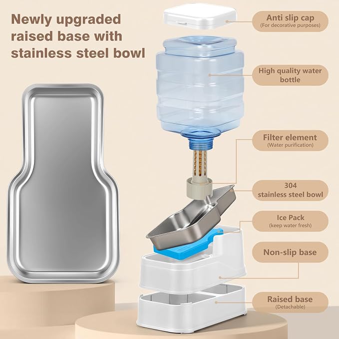 1.1 Gallon Pet Automatic Dog Water Dispenser Cat Gravity Waterer Feeder with Stainless Steel, 1.1 Gallon, Polyester, White