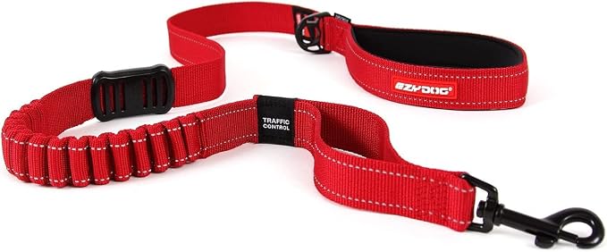 EzyDog Zero Shock - Bungee Dog Leash, Shock Absorbing - 48-inch, Red | Padded Neoprene Grip, Traffic Handle, Reflective Stitching, Strong for All Size Pullers, 1" Soft Touch Webbing for Durability