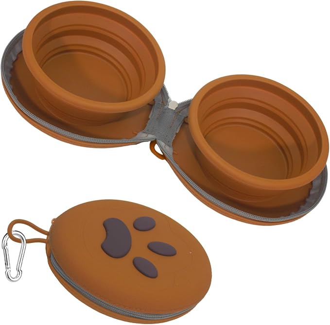 Collapsible Dog Bowls, 2-in-1 Silicone with Carabiner, Brown