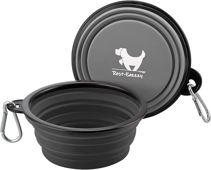 Collapsible Dog Bowls, 2 Pack, with Carabiners, Grey & Black, Large