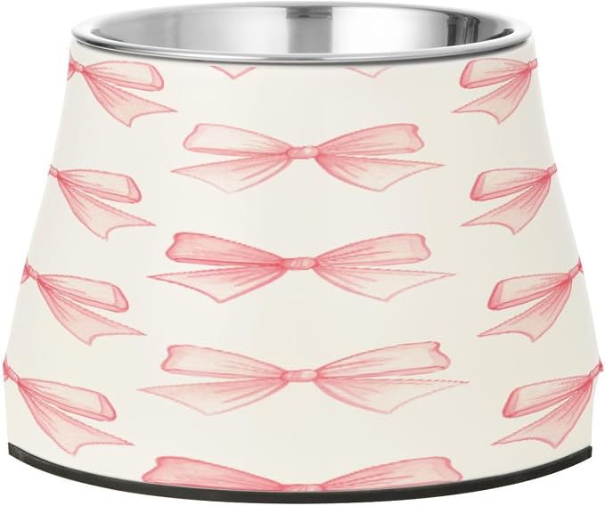 Blueangle Elevated Dog Bowls with Stainless Steel - Non-Slip 2.3 Cup High Capacity Pet Dish for Spinal Health & Pink Ribbon Bow Design（442）