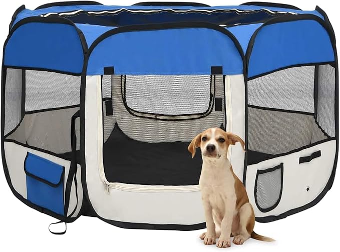 Foldable Dog Playpen with Carrying Bag, 43.3"x43.3"x22.8" Blue Pet Playpen for Training, Sleeping, and Play Area, Sturdy Steel Frame with Mesh Roof and Side Pockets
