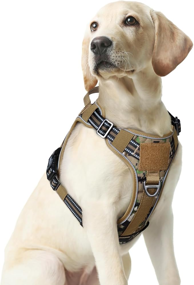 rabbitgoo Tactical Dog Harness Medium Sized, No Pull Service Pet Vest | Military Molle System & Easy Control Handle, Adjustable and Reflective for Walking and Training, Brown Camo, Medium