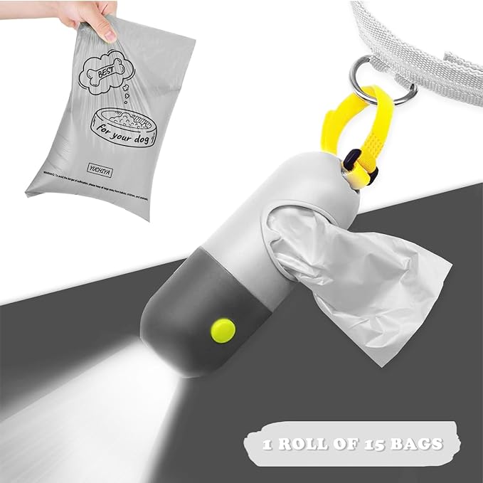 Dog Poop Bags Holder with LED Flashlight|Pet Waste Bags Dispenser for Leash|Doggie Potty Bags Container with Leak-proof Pet Trash Bags and Accessories (Light Gray, 1 Holder 195 Bags)