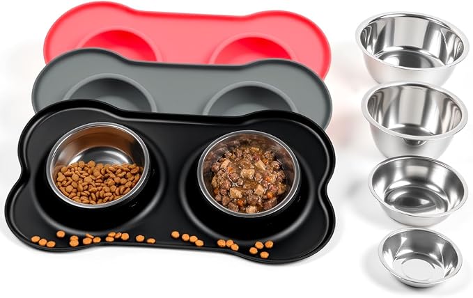Conlun Dog Bowls with Non-Slip Silicone Mat, Spill Proof Large Food & Water Bowls Set, Easy Clean Dog Food Dish, Dishwasher Safe, Suitable for Dogs Cats Pet Under 90lbs, Large, Black