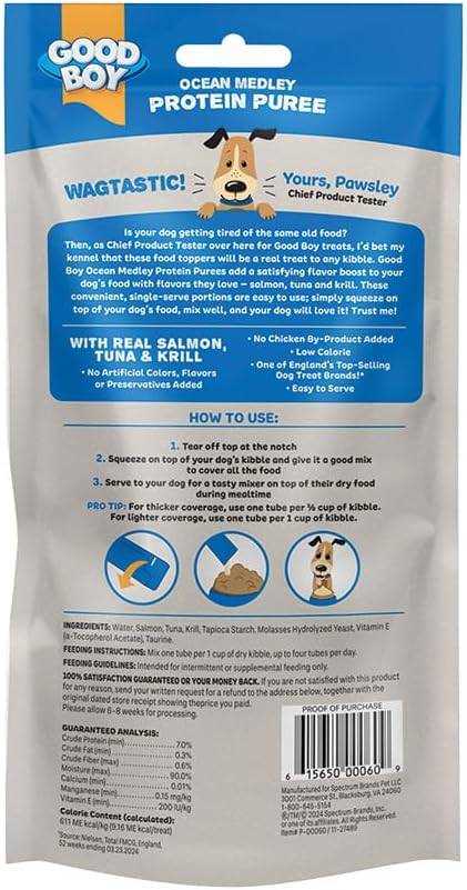 Good Boy Ocean Medley Protein Purees Dog Food Mixers for All Adult Dogs, 10 Count, Easy Single-Serve Triple Flavor Topper Treats with Salmon, Tuna and Krill