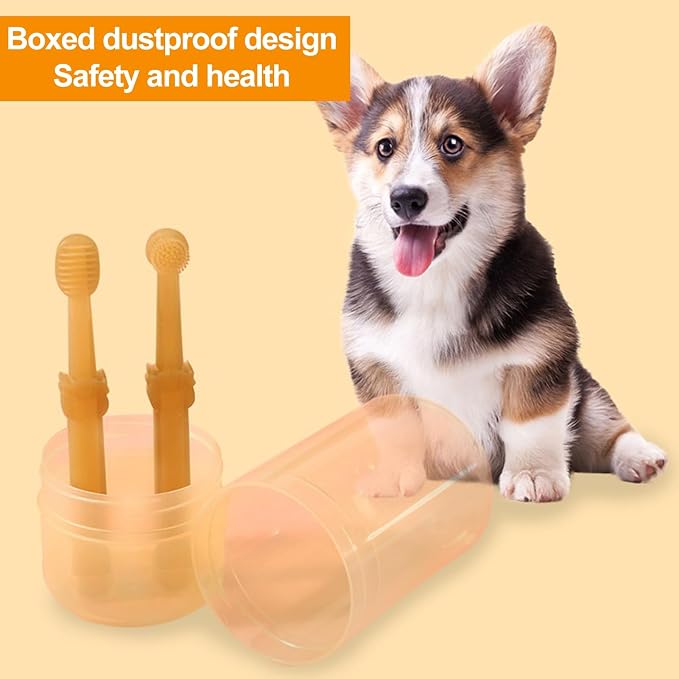 Small Pet Toothbrush Kit with Storage Box, Soft Silicone Double-Sided Dog Toothbrush, Cat Toothbrush for Pet Tooth Brushing (2 Pack) Orange Sets