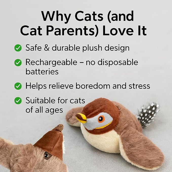 Flapping Bird Cat Toy, White Faced Sparrow | No Flying, Chirping, With Catnip, Rechargeable, For Indoor Cats