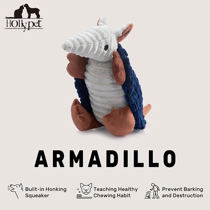 Hollypet Armadillo Squeaky Puppy Dog Toys for Small Medium Dogs, 8" | plush stuffed small dog squeak animal toy with unique grunt squeaker textured fabric for teeth cleaning toys