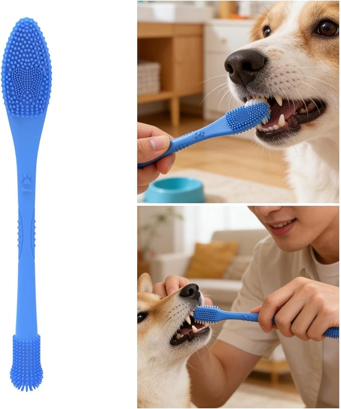 Pet Toothbrush Silicone Double Headed 360 Degree Cleaning Soft Bristles Easy to Handle Ergonomic Grip Suitable for Dog Home Use, Blue