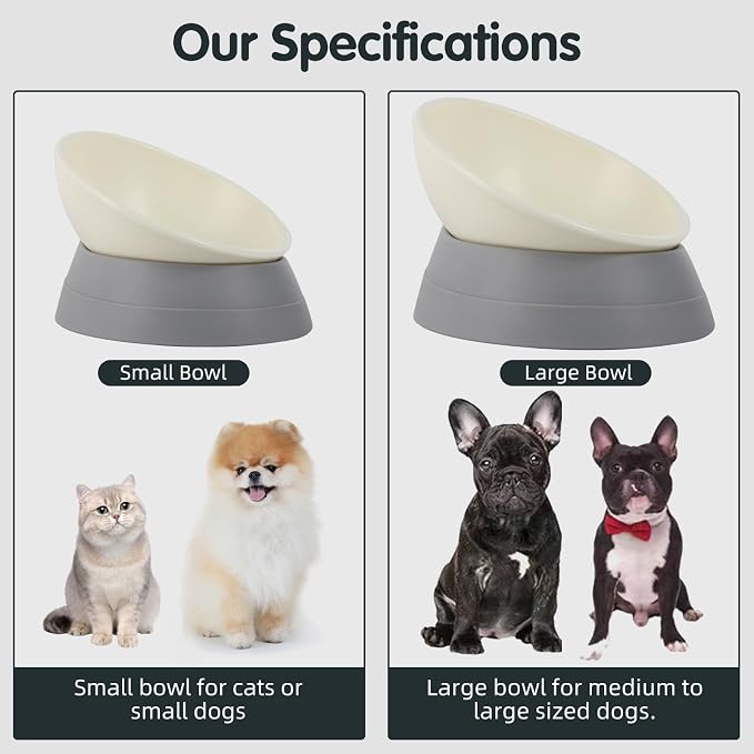 Bulldog Bowl Anti-Slip Dog Cat Dish Detachable Rubber Dog Bowl Pet Sterile Tilted Pet Feeder Slope Base (Grey, 3.5 Cup (Medium/Large Dog))