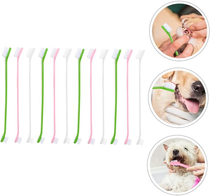 POPETPOP 12Pcs Dual Head Pet Toothbrush Handheld Dog Oral Cleaning Brushes with Soft Bristles for Gentle Care Non Slip Handle for Comfortable Use for Daily Pet